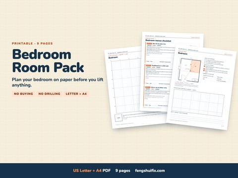 Bedroom Room Pack, a 9-page printable: bedroom floor-plan grid, bed and dresser cut-outs and three bedroom moves; US Letter and A4 PDFs