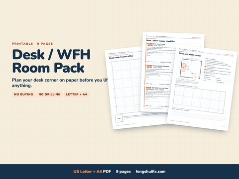 Desk / WFH Room Pack, a 9-page printable: desk nook floor-plan grid, desk and chair cut-outs and three desk moves; US Letter and A4 PDFs