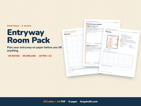 Entryway Room Pack, a 9-page printable: entryway floor-plan grid, shoe rack, bench and mirror cut-outs and two entry moves; US Letter and A4 PDFs