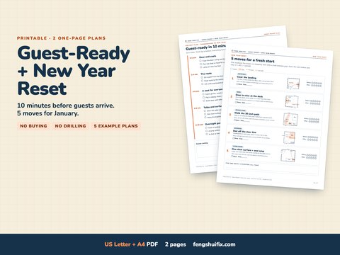 Guest-Ready + New Year Reset, two printable one-page room plans: a timed guest-ready checklist and five New Year moves with small before/after floor plans