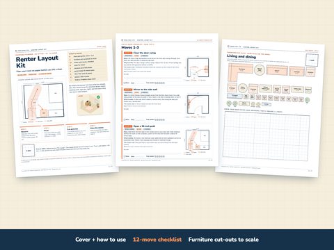 Pages from the free Renter Layout Kit sample: studio grid and the first three moves