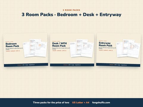 Three Room Packs side by side: Bedroom, Desk / WFH and Entryway printable layout planners, 27 pages in US Letter and A4